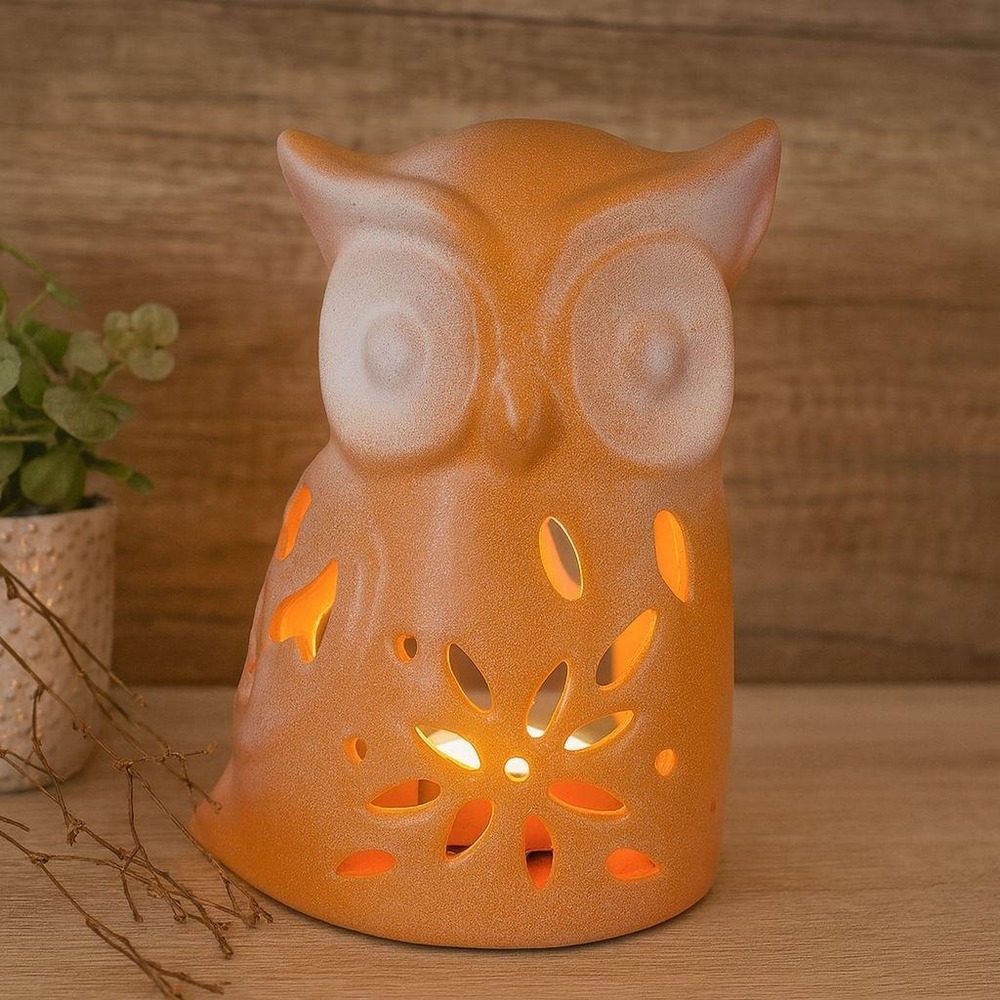 Ceramic Owl Tealight Holder Orange White Cutout Candle Decor